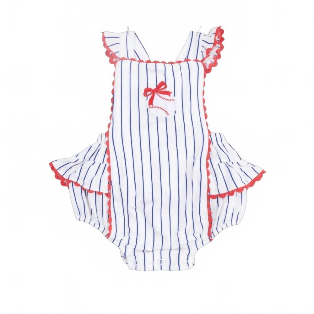 NEW ANGEL DEAR girls baseball stripe bamboo ric rac ruffle sunsuit in white